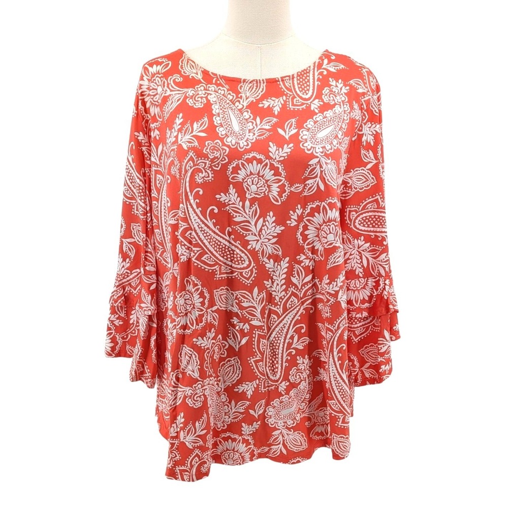 Paisley Print Blouse Textured Raised Print Flowy Top Coral Ruby Rd 1X